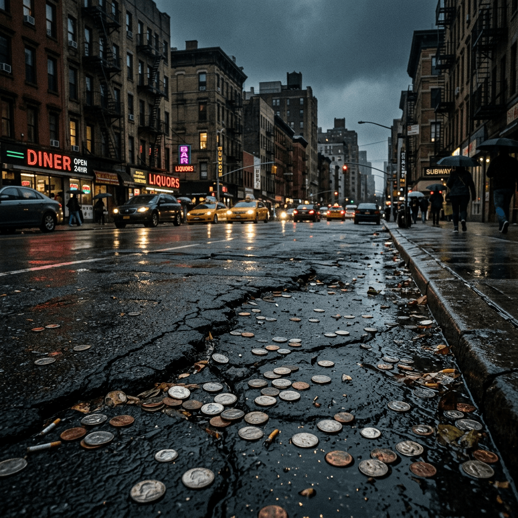 Coins and cigarette butts in a cracked pothole on a wet city street with traffic and neon signs