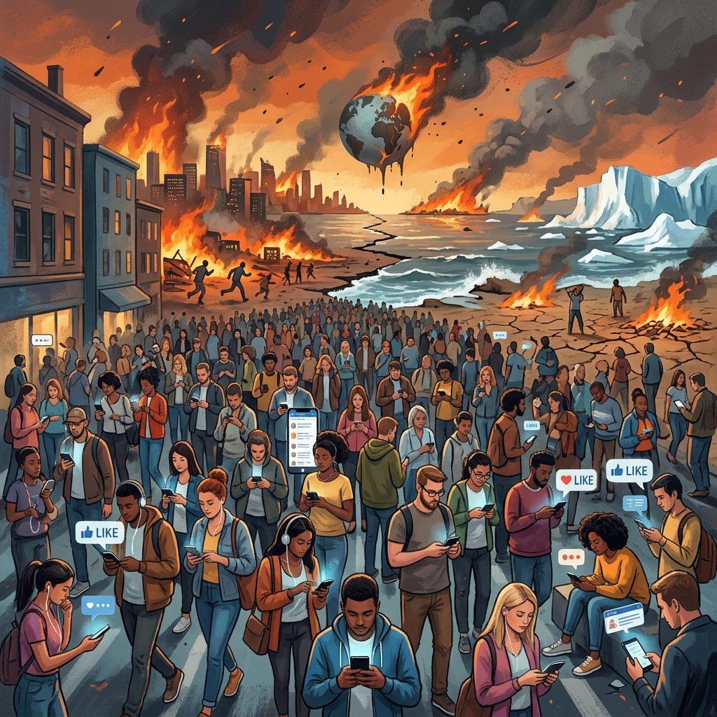 Large crowd focused on phones while fires rage and the earth burns in the background