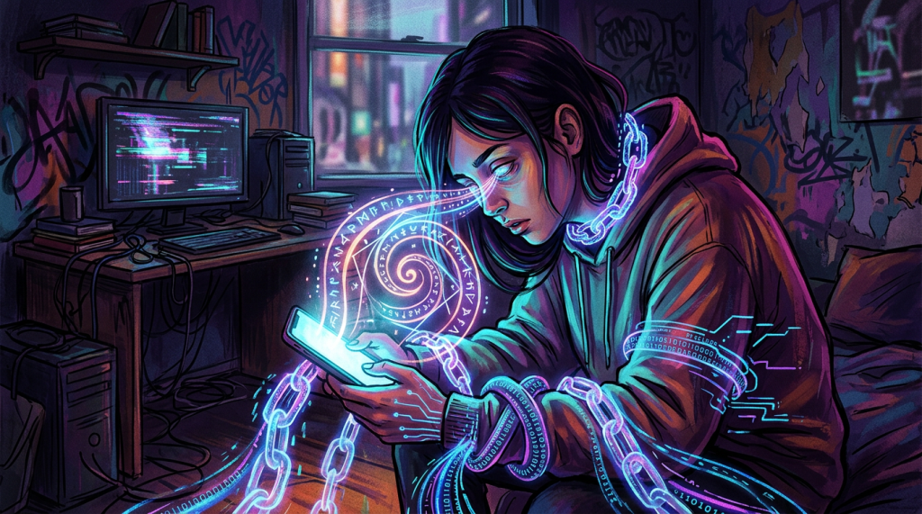 Person with glowing digital chains using a tablet emitting magical symbols