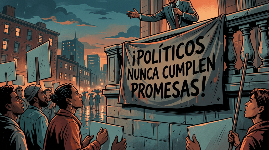 Add Spanish text: Politicos nunca cumplen promesas