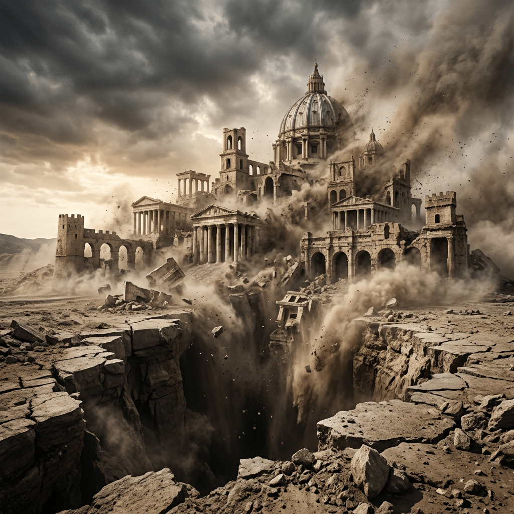 Ruined ancient city buildings collapsing into a large crevice with dust and debris